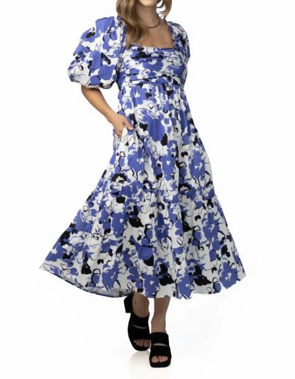 Crosby by Mollie Burch Floral Puff Sleeve Tiered Midi Sundress Blue White Large